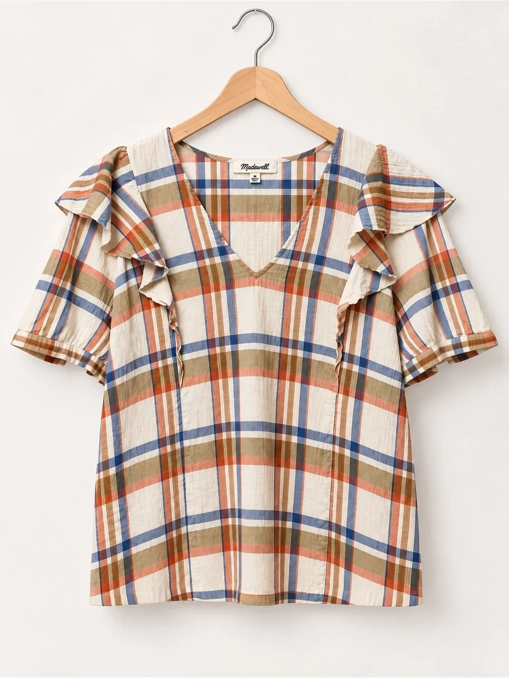 Madewell Plaid V-Neck Ruffle Puff Sleeve Blouse (rack)